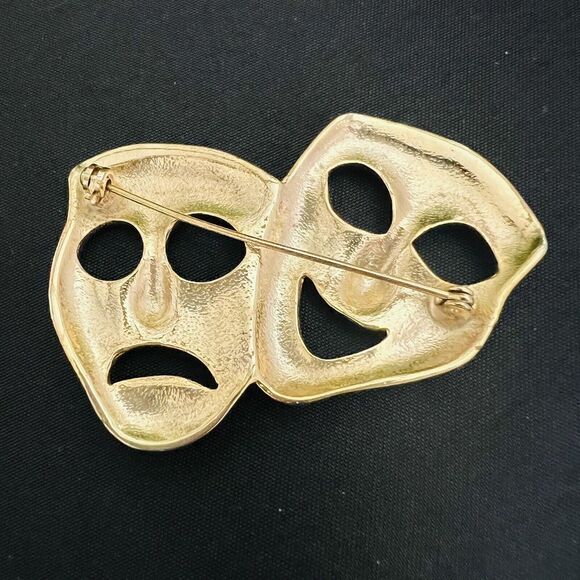 Vintage Comedy Tragedy Theater Face Mask Shiny Gold Tone Pin Drama Brooch 4326 - Picture 6 of 9
